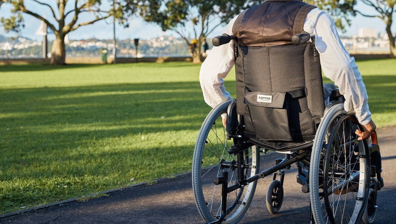A person in a wheelchair moves along a paved path in a sunny park, surrounded by green grass and trees, with a cityscape visible in the background.
