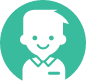 Icon of a person with short hair in a turquoise circle. The figure has a smiling face and is wearing a collared shirt with a name tag.