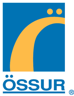 Logo of Össur featuring a stylized yellow arc resembling the letter Ö on a blue square background, with ÖSSUR written below in blue lettering.