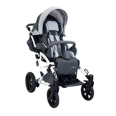 A modern gray and black baby stroller with a canopy, padded seat, safety harness, footrest, and large wheels, designed for comfort and safety.