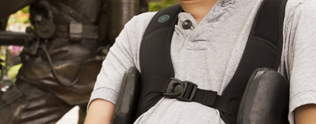 A person in a gray shirt is wearing a black harness while sitting. A bronze statue with intricate details is partially visible in the background.