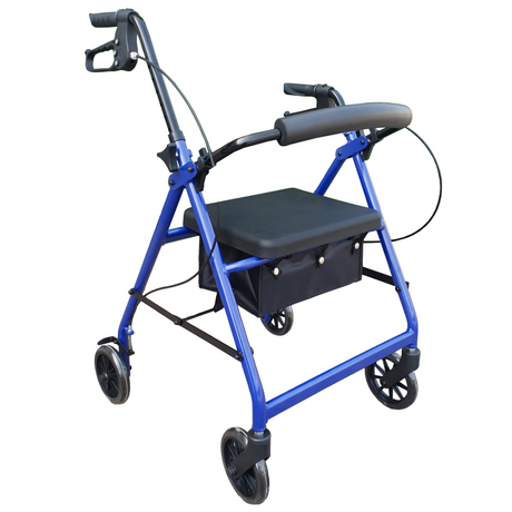 The Allied Medical Retirement Living Starter Kit (Save over $84) features a four-wheel rollator walker with ergonomic curved handles, hand brakes, padded seat, and black storage pouch—perfect for supporting independence, shown against a white background.