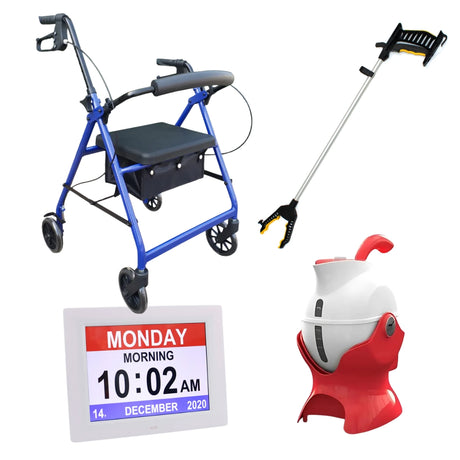 A collage showcases Allied Medicals Retirement Living Starter Kit (Save over $84), featuring a blue walker with seat, ergonomic reacher, large digital day clock, and red-and-white medication dispenser for greater independence.